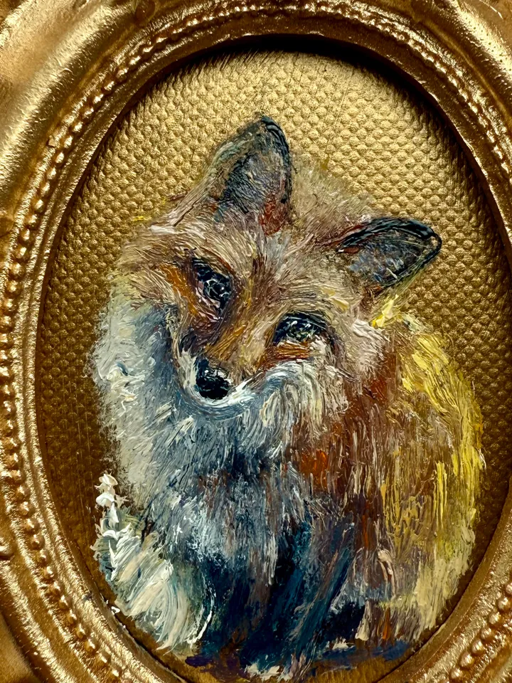 Framed Fox Oil Painting Original Wild Animals Art Cute Fox Painting Gold Frame Victorian Painting