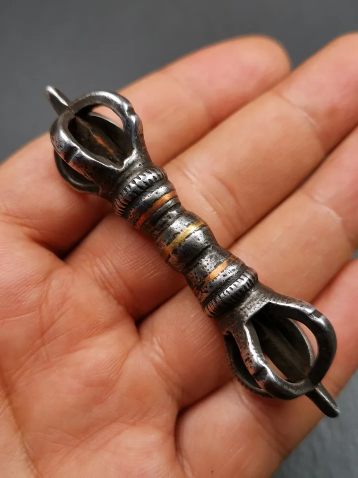 Gandhanra Vintage Five-pronged Vajra Dorje,Tibetan Buddhism (Vajrayana) Ritual Implement,Made of Cold Iron,Inlaid Copper Wire,30 Years Old