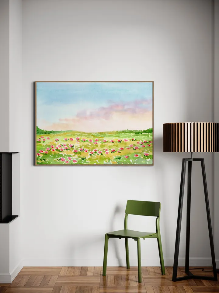 Wildflower Field Landscape, Impressionist Watercolor Painting, Summer Flowers Field, Vintage Decor Print, Meadow Painting, Colorful Flowers