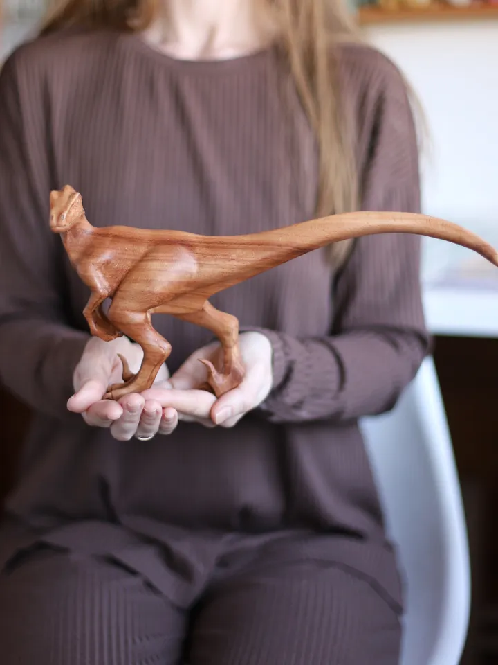 Wooden dinosaur Velociraptor, wooden hand carved sculpture