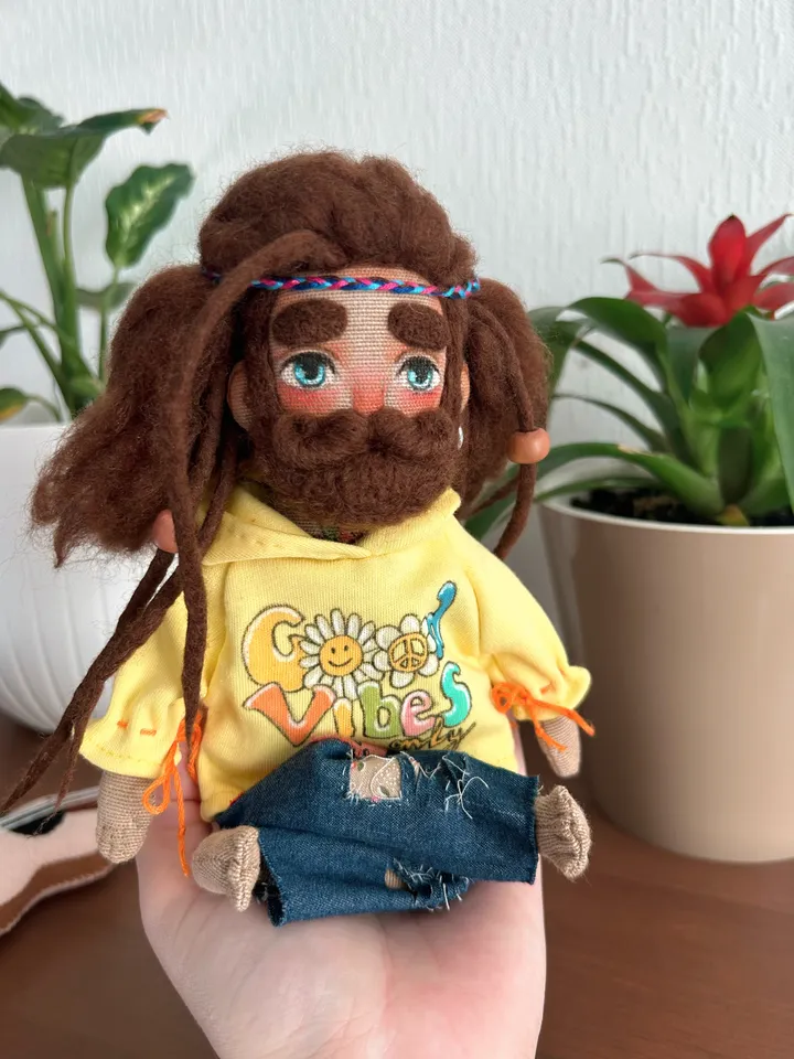 Textile doll Hippie man with tattoo and tiny felt guitar