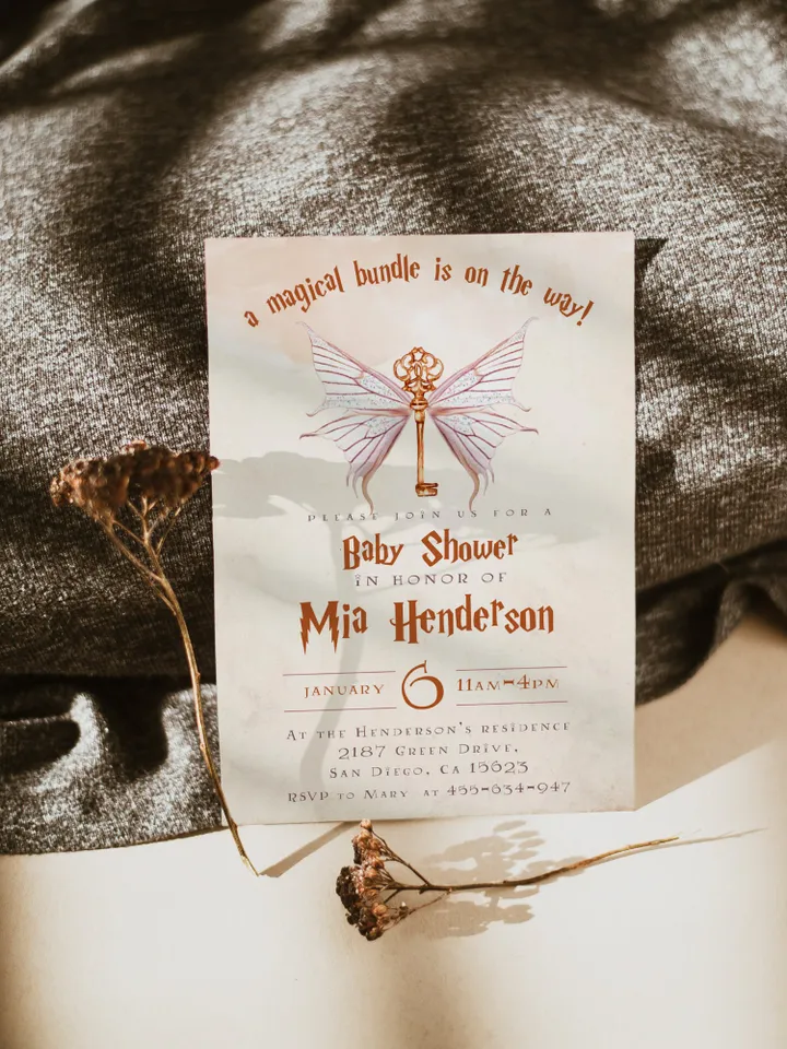 Wizard Baby Shower Invitation; Magic Key  Baby Schower kit template; A Magical Bundle on the Way; Magic School Invite Pack editable canva