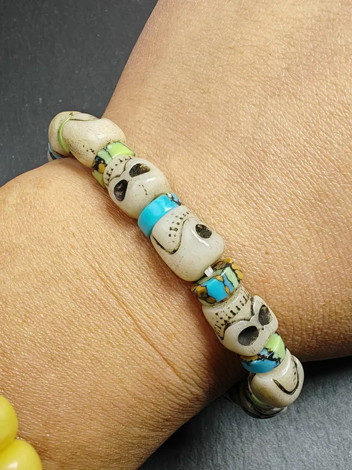 Authentic Tibetan Citipati Skulls Bead Bracelet | Unique Yak bone Carved Wrist Mala with Mixed Turquoise,Gandhanra Tibetan Jewelry