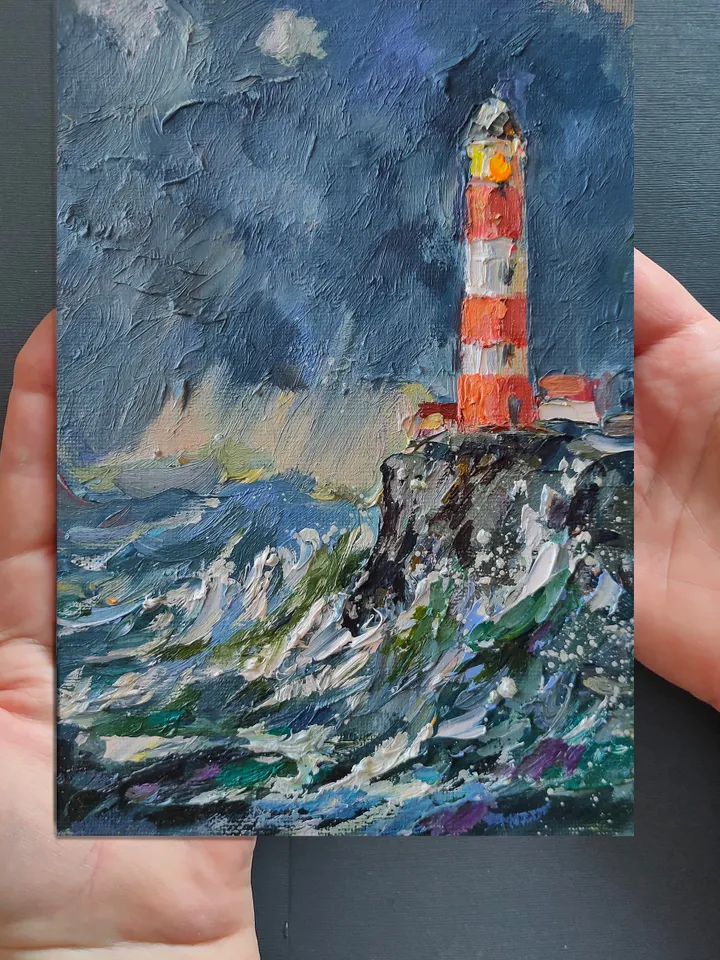 Painting Seascape Lighthouse Storm Waves Canvas on Cardboard Oil Wall Art Impasto Palette Knife Painting on Canvas 5.6 x 8 inches Original Painting Nata_Lena_Art