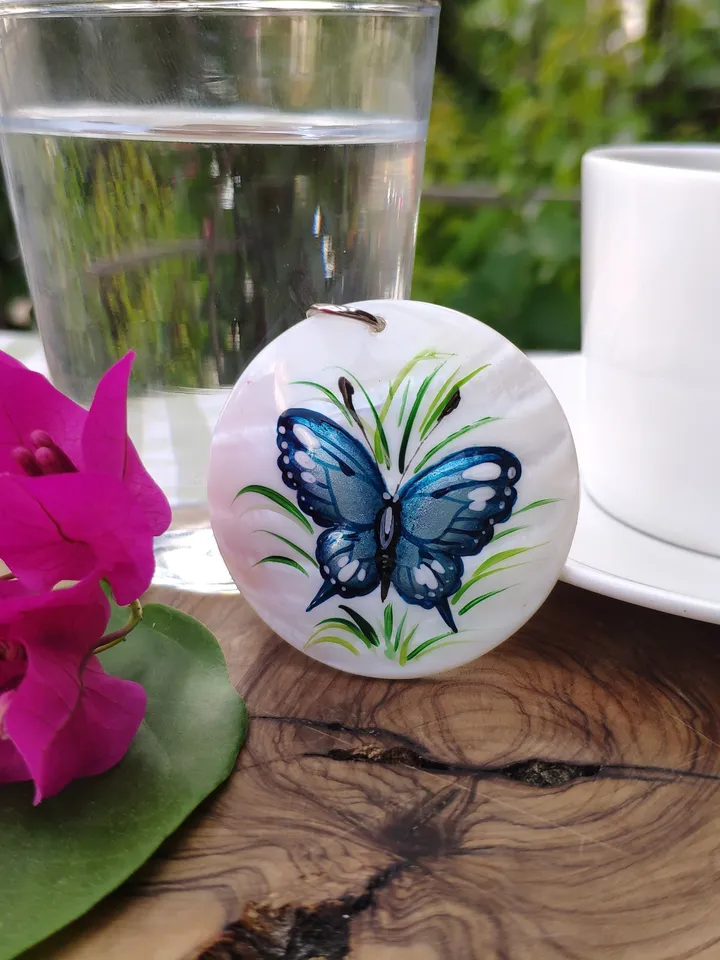 Pearl pendant necklace: Elegant Blue Butterfly hand painted on shell pendant • Unique dainty handcrafted jewellery • Stylish aesthetic gift