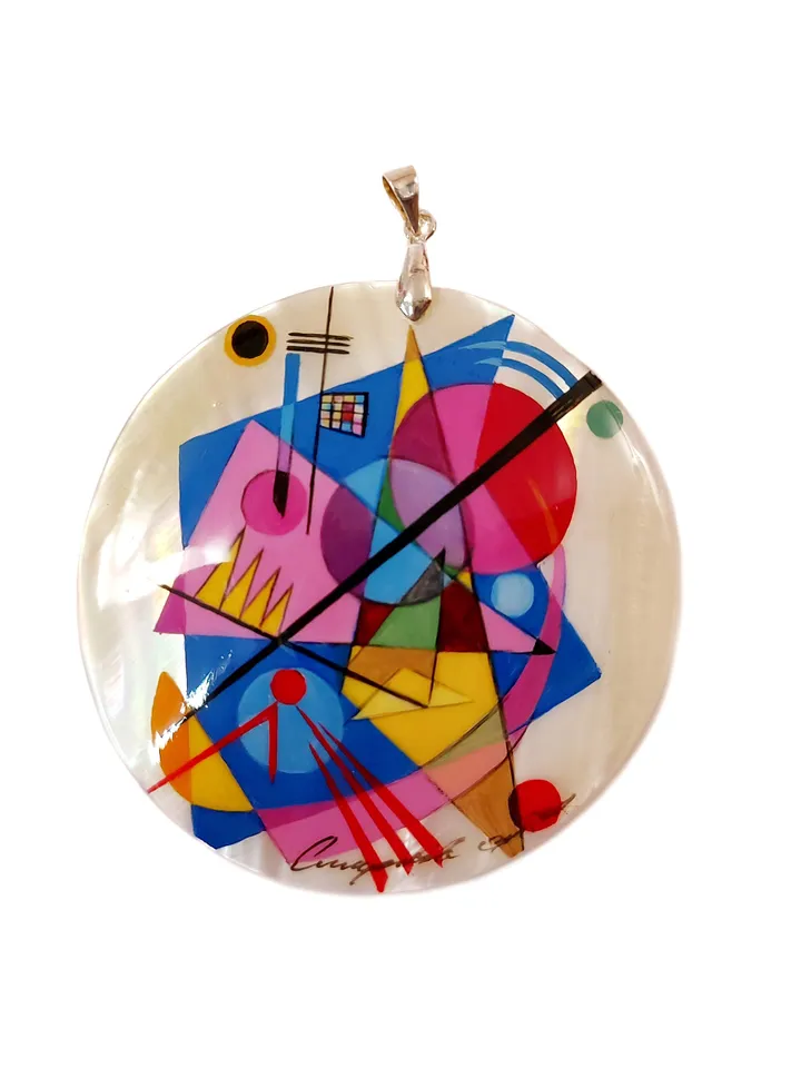 Mother-of-pearl Russian hand-painted necklace pendant. Jewelry. Abstraction. Kandinsky. Hand paint mother of pearl necklace.