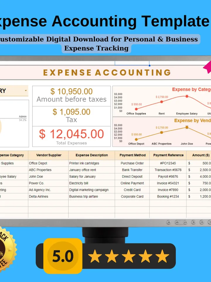 Expense Accounting Template | Editable Google Sheets, Customizable Digital Download for Personal & Business Expense Tracking