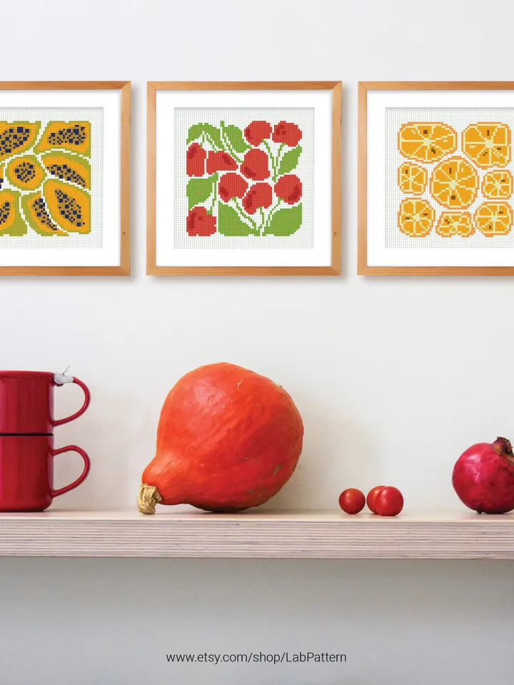 Bundle of 3 mini contemporary Fruit Cross stitch patterns Abstract Food Plant beginner counted modern chart gift DIY embroidery instant PDF