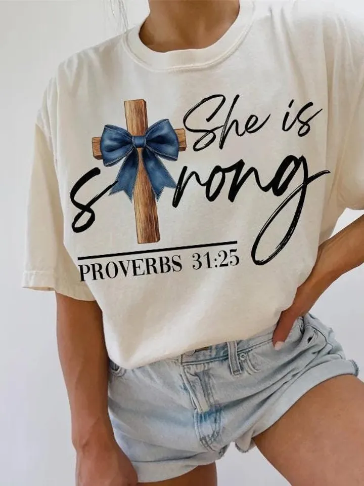 She is strong Proverbs 31:25 png,strong proverbs png,Christian png,Bible Verse png,God Jesus png,Religious png, Denim Coquettes Bow Png