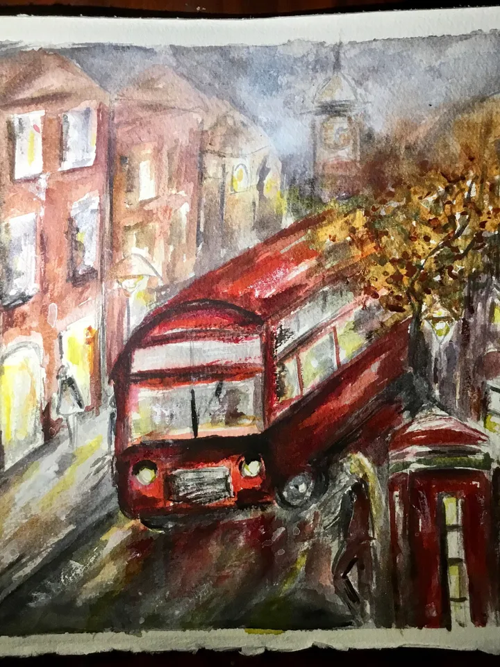 London painting,original watercolor painting,cityscapes painting,London streets painting,London bus,Big Ben art,wall hanging world capitals