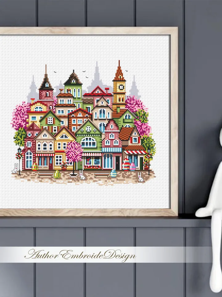Spring houses cross stitch pattern PDF download Easter cross stitch, Spring city pattern digital, Urban landscape with cherry blossoms #E19