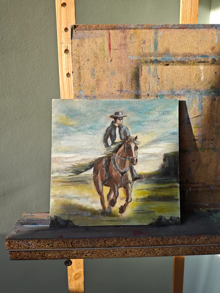 Cowboy On Horse Original Painting Riding Horse Cowboy Original Art Animal Artwork Rider Horse Oil Painting Horse And Cowboy Wall Decor Art 8 x 8 inches by OlgaSokolovaArt