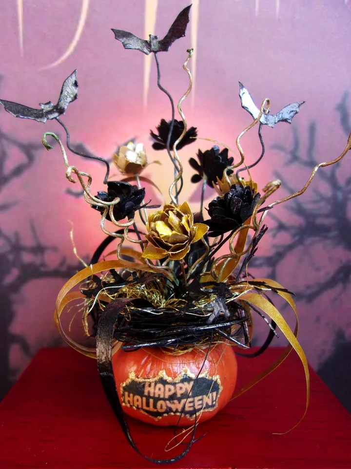 Halloween pumpkin. Festive pumpkin. Dollhouse miniature, Pumpkin with bats. Halloween. Handmade. 1:12.