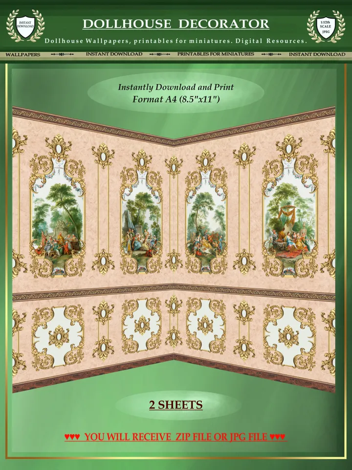 Wallpapers- Set 2 | Printables for Dollhouses and Unique Miniature Projects | Digital Downloads | in Scale 1/12th
