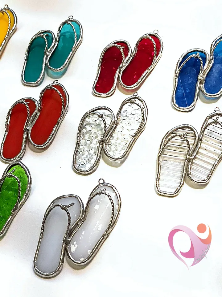 Real Stained Glass Flip Flop Car Charm or Bag Charm Suncatcher for Beach Lovers Cute Rear View Mirror Decoration Unique Purse Accessory