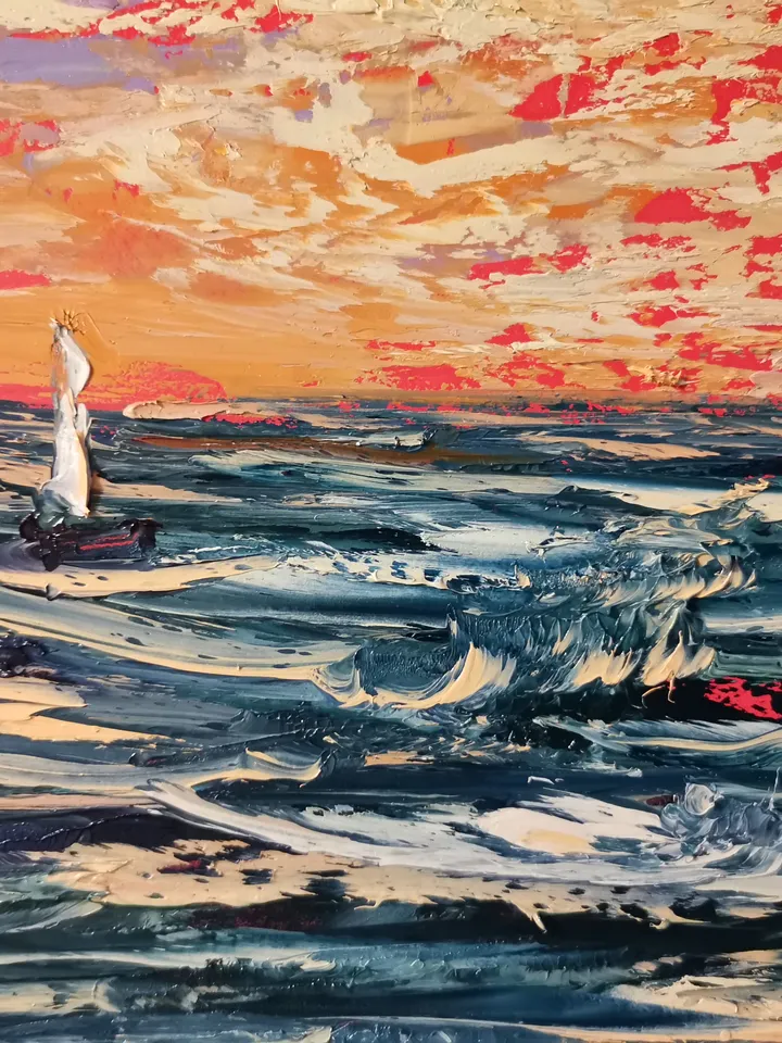 Sailboat Surfing Sea Sunset Seagulls Original Art Oil Painting Artist Svinar Oksana