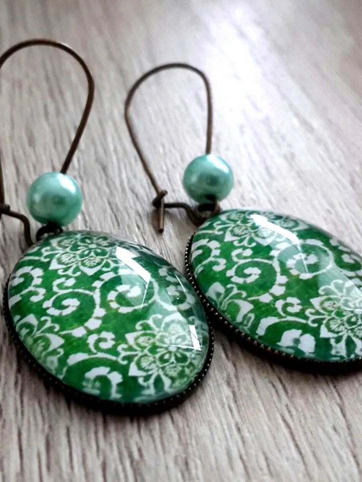 Green earrings, Green pattern glass cabochon bronze earrings Boho gypsy statement jewelry