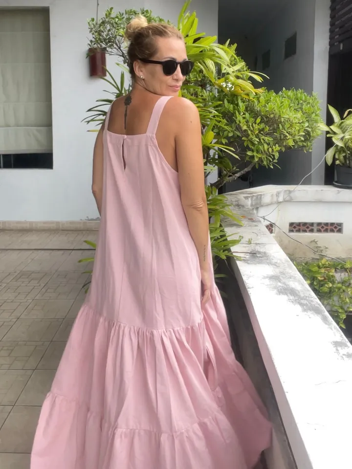 Linen loose light pink summer feminine dress / comfort women vacation summer long oversize dress | light pink designer dress