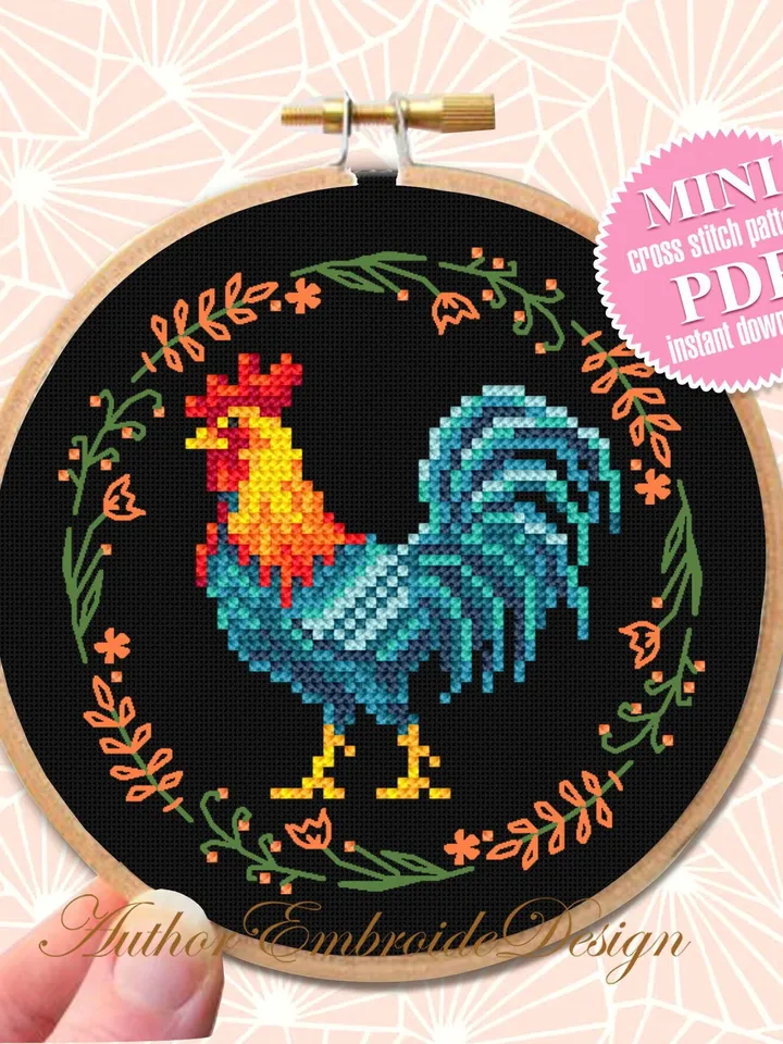 Rooster cross stitch pattern PDF download Floral chicken cross stitch chart Farm bird embroidery Mini Cock, Rooster pattern digital PDF #K33