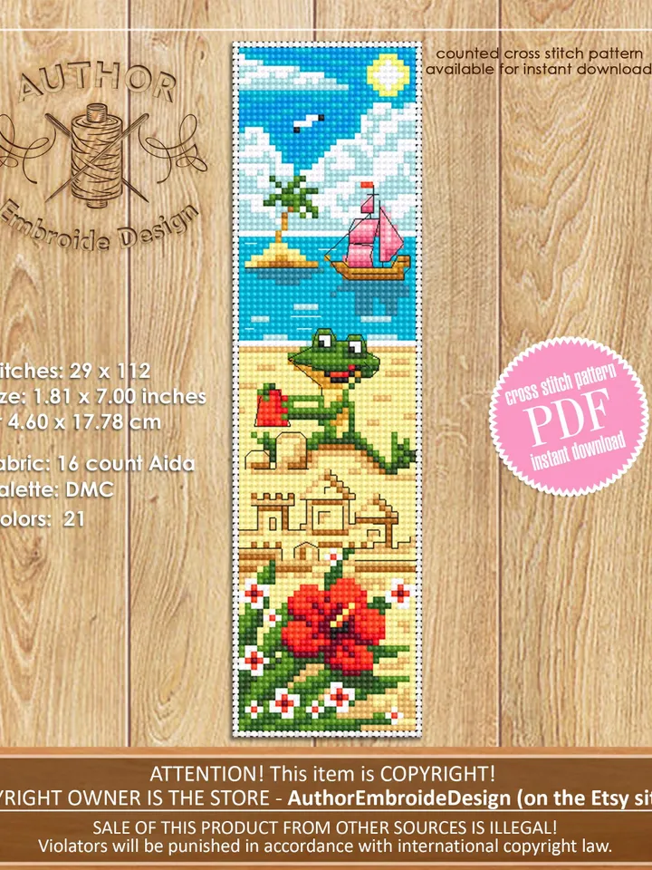 Beach bookmarks cross stitch pattern PDF download Funny frog cross stitch chart Summer bookmark set pattern digital PDF Beach vacation #B456