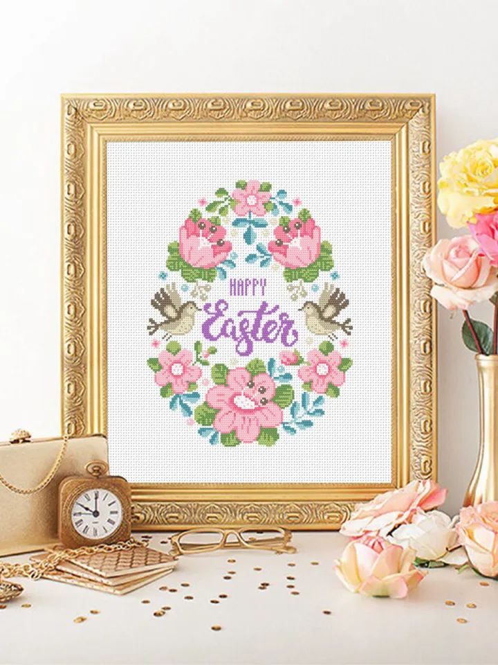 Floral easter egg cross stitch pattern PDF Pastel cross stitch Happy Easter cross stitch download PDF, Watercolor floral easter ornament #T7