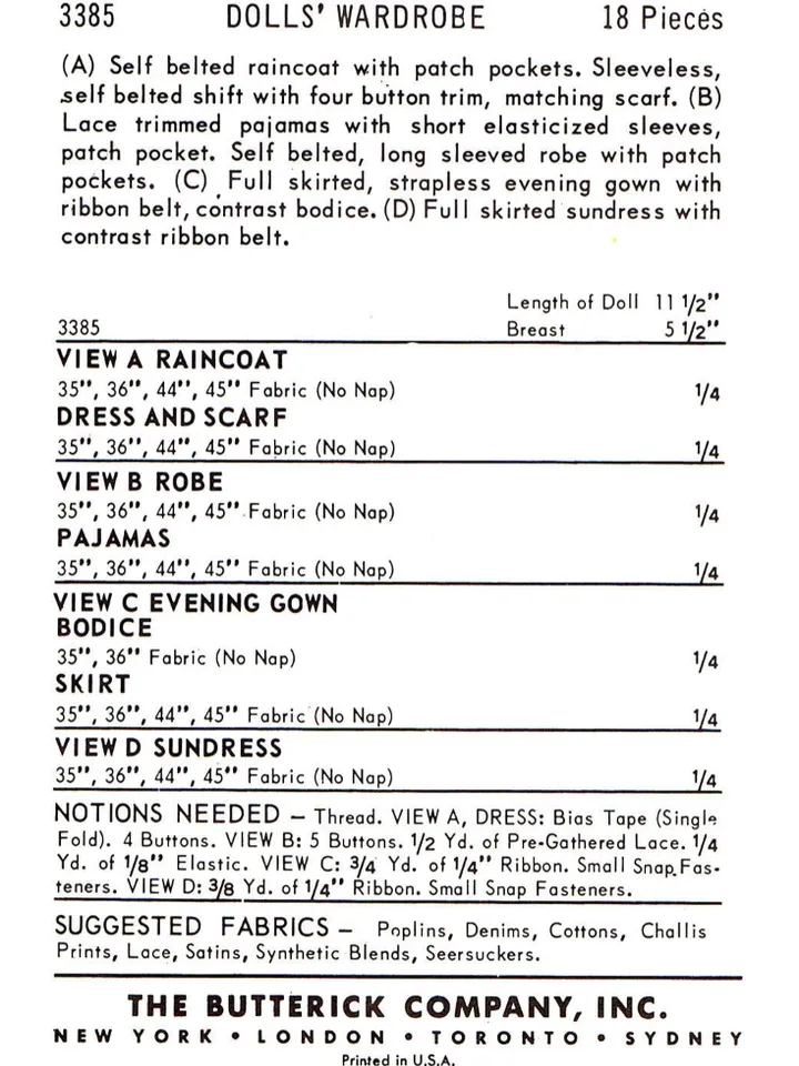 Barbie Vintage Sewing Pattern PDF Fashion Dolls size 11 1/2 inches Butterick 3385
