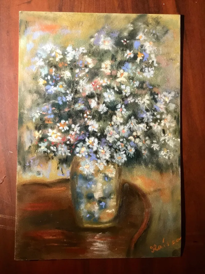 Bouquet of flowers in a vase,original soft pastel painting on specialized paper,impressionistic flowers painting,wall hanging,gift.