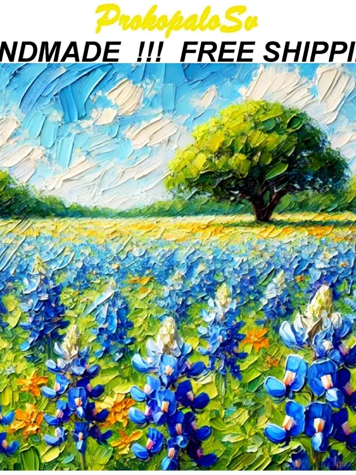 Texas Bluebonnets Painting Flowers Original Art Oak Tree Impasto Oil Painting National Park Painting Landscape Blue Art Impressionist Gifts