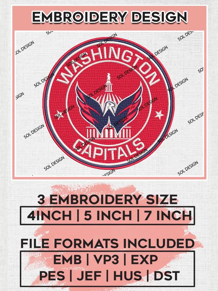 Washington Capitals NHL Round Logo Embroidery Files, NHL Washington Capitals Team Embroidery Designs,  NHL Embroidery Designs, NHL Machine Embroidery Designs, Digital Download