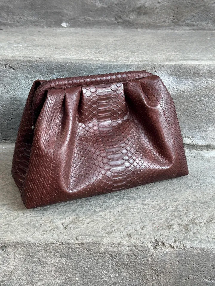 Genuine python skin brown pouch bag | exotic leather bags | medium size soft clutch | snake designer bag | gift for her | classy purse