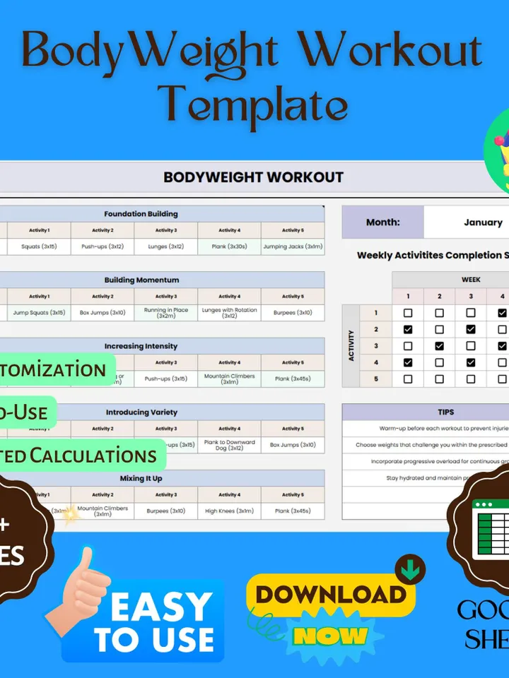 Bodyweight Workout Template, Editable Google Sheets, Digital Download for At-Home Fitness & Strength Training