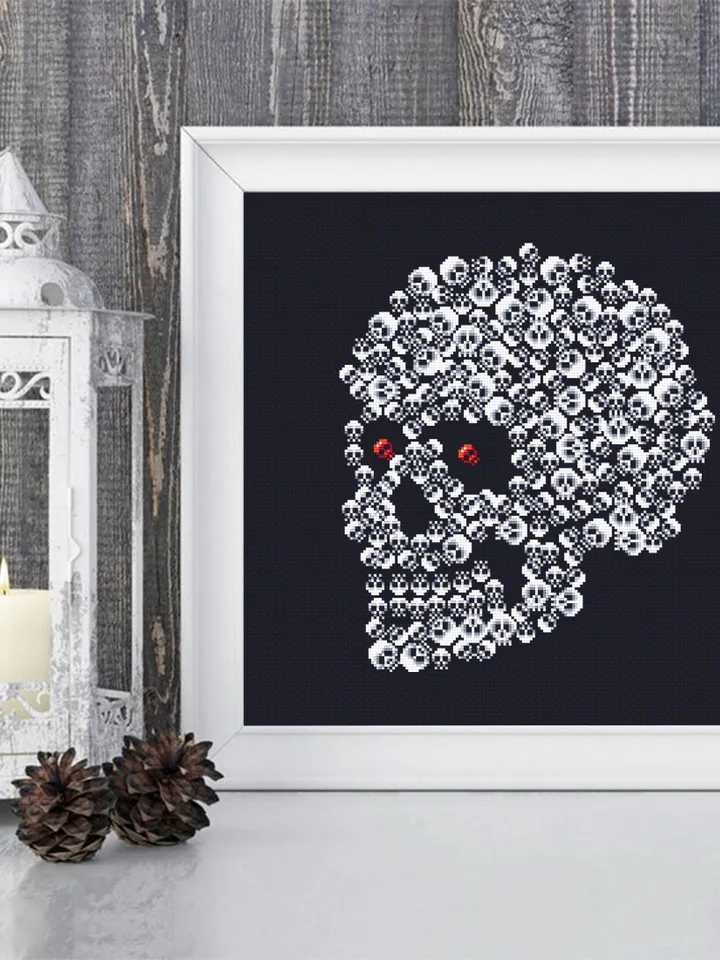 Halloween skulls cross stitch pattern download PDF Gothic ornament cross stitch chart, Horror Halloween pattern, Skull embroidery PDF #H51