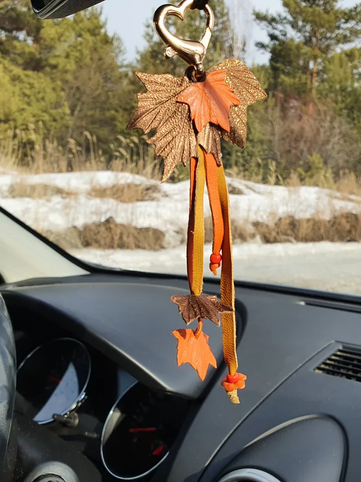Orange maple Leaf Keychain Leather tassel charm Leather Pendant, art 11