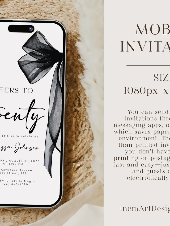 Coquette Black Bow 20th Invitation, Editable Twentieth Birthday Party Invite, DIY Digital Black Ribbon, Cheers to Twenty Invite