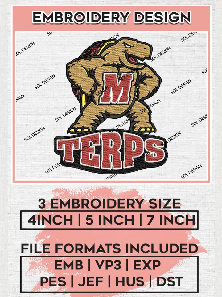NCAA Terrapins Team Mascot Logo Embroidery Design Files, NCAA Maryland Terrapins Machine Embroidery, NCAA Teams, 3 sizes, NCAA Machine embroidery designs, Digital Download
