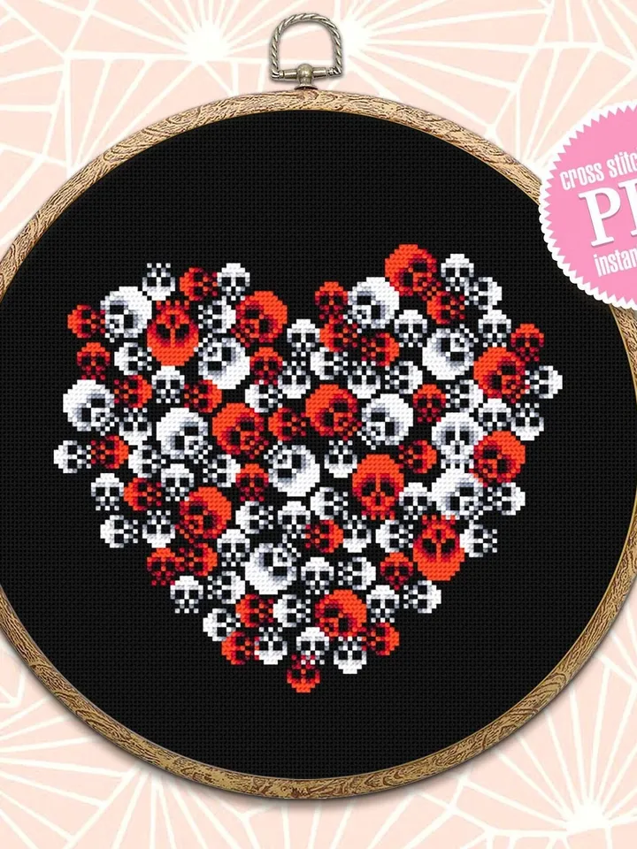 Gothic heart cross stitch pattern download PDF Gothic halloween cross stitch chart, Skull embroidery PDF, Spooky valentine, Horror gift #H31