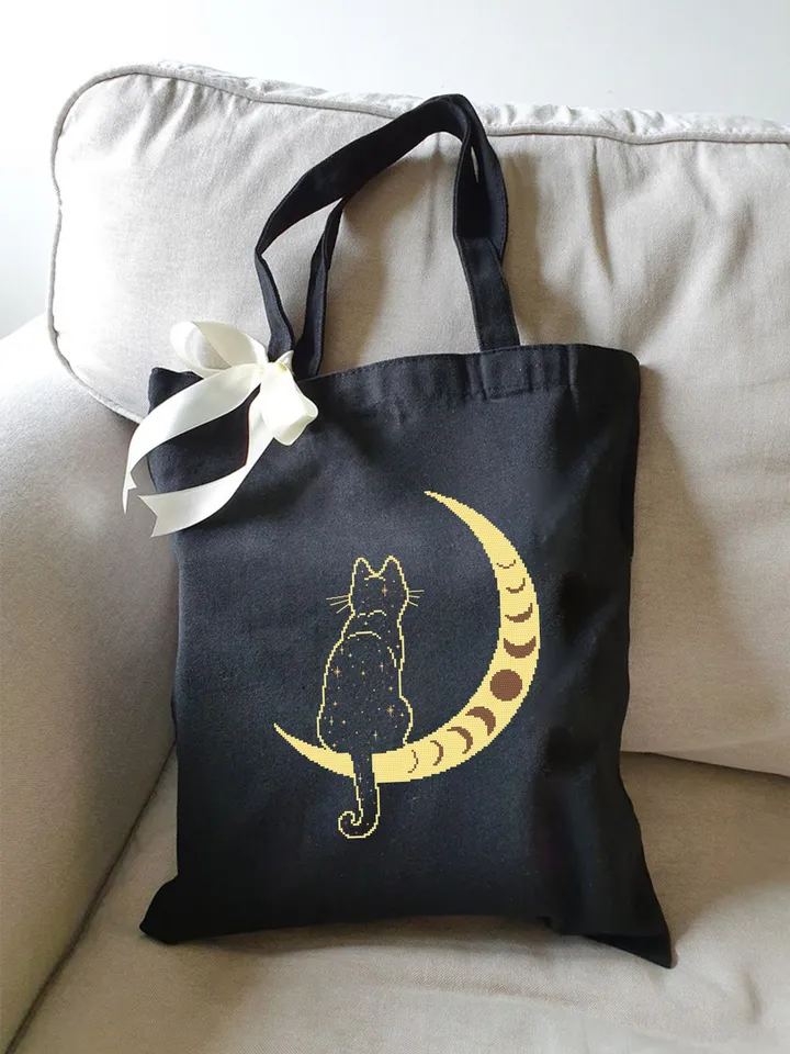 Mystical moon phase and cat cross stitch pattern download PDF Magic crescent moon cross stitch, Galaxy cat silhouette Boho cross stitch #K56
