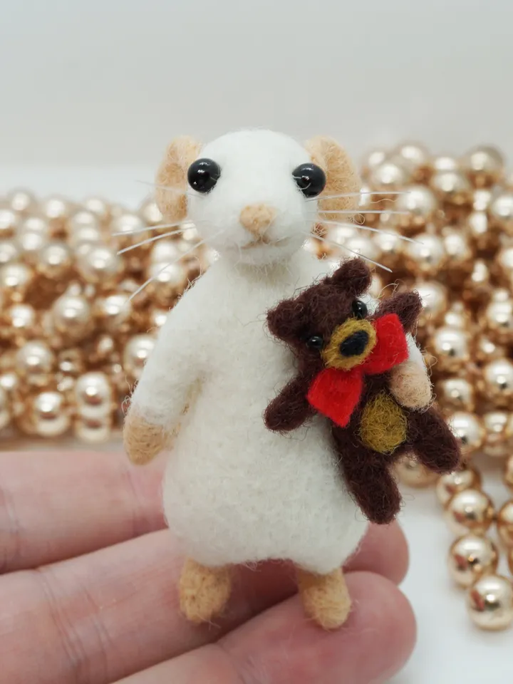Milo the mouse, miniature needle felted mouse with a Teddy bear toy, made to order