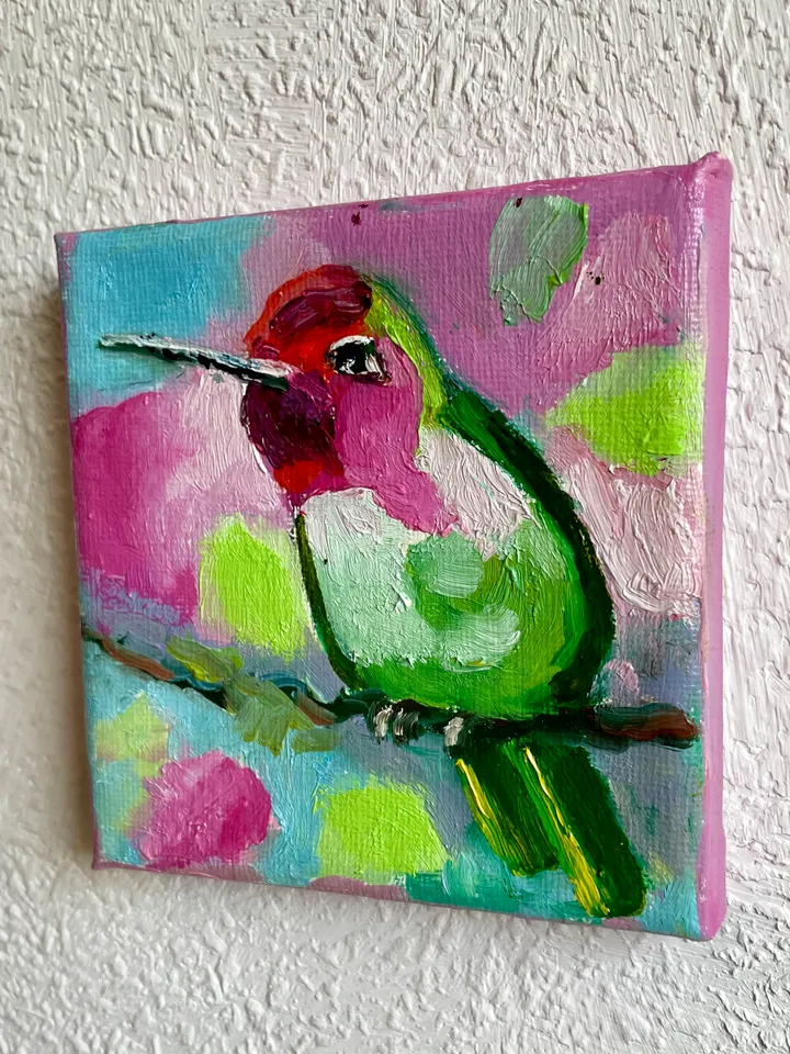 Hummingbird Painting, Bird Original oil Painting on Canvas, Wildlife Art, Miniature Artwork 4"x 4"