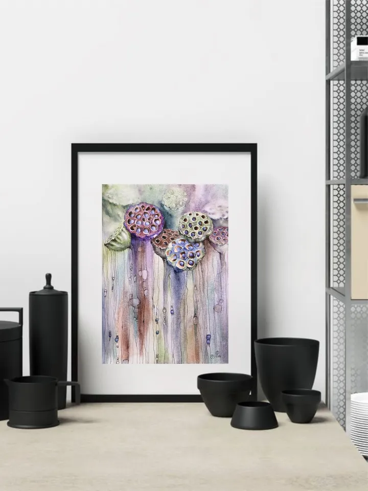 Flowers Original Lotus Painting Watercolor and ink Water Lilies Art