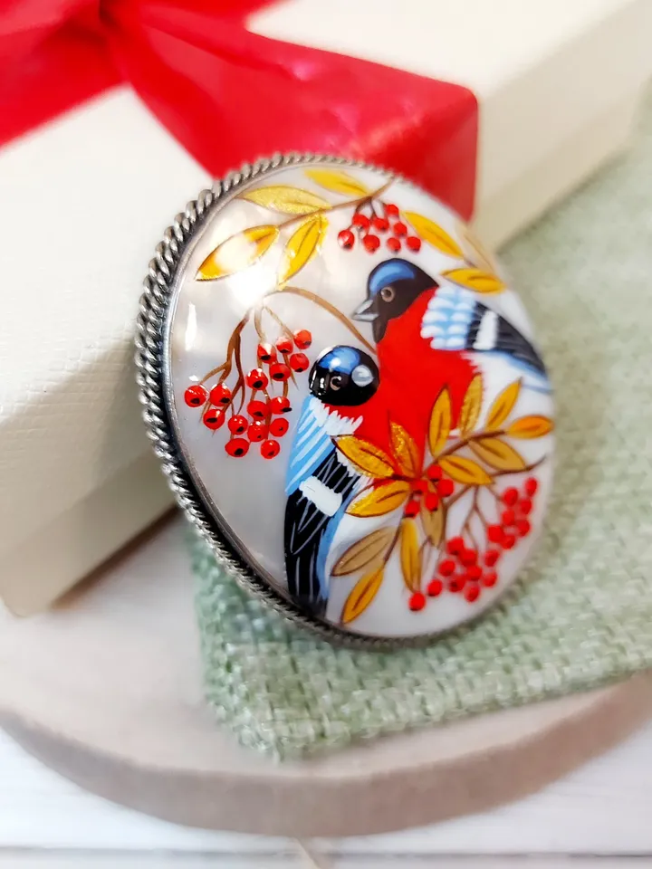 Brooches for women: Red bird couple pin • handmade jewelry painted on mother of pearl • bullfinch bird painted on statement brooch
