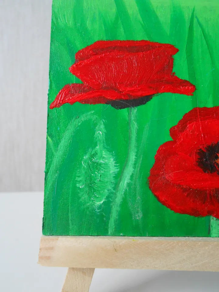Poppies.Red flowers.A bright miniature of a poppy with oil paints.