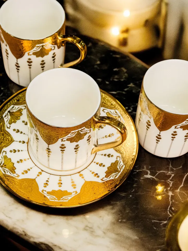 14K Genuine Gold Powder Porcelain Tea Cups And Saucers | Tea Cups Saucers Set | Gold Porcelain Set | Elegant Teaware | Gift For Tea Lovers