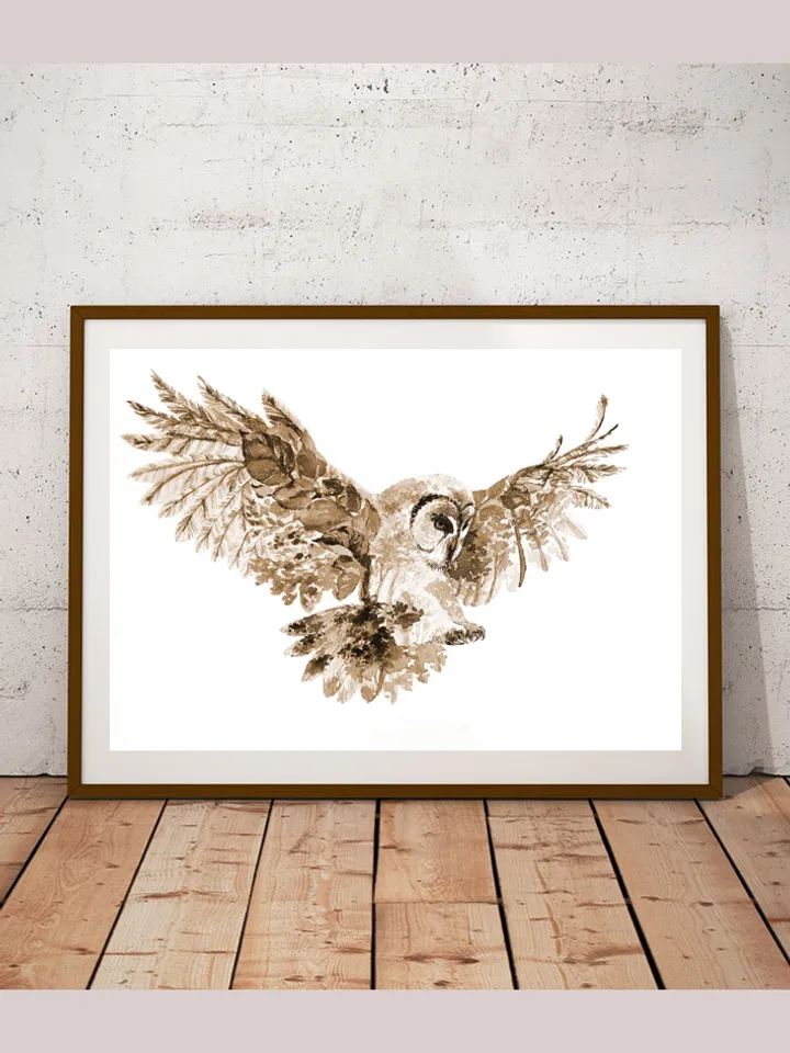 Owl Art Print, Printable Download, Sepia Watercolor Print, Wild Animal, Wall Decor, Prints Wall Art, Forest Nature Eco