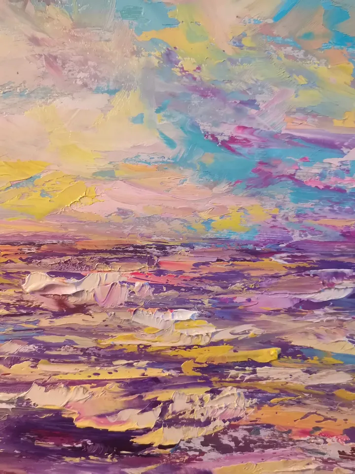 Hawaii Island Sea Sunset Original Art Oil Painting Rocks Gull Artist Svinar Oksana