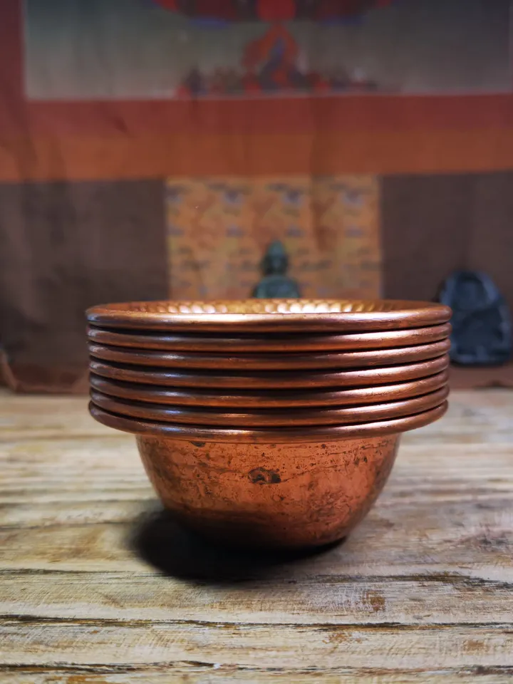 Gandhanra Handmade Tibetan Buddhist Water Offering Bowls,Yonchap Bowls,Made of Red Copper,1 Set of 7 Bowls