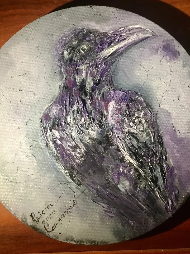 Raven original oil impasto style painting on round canvas,wall hanging,animals oil painting,birds paintings,unique handmade gift home decor.