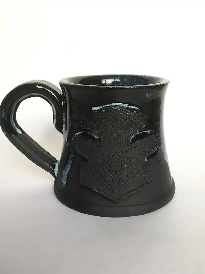 Thor Hammer Mjolnir Huginn and Muninn Black blue glazed dripping stoneware mug