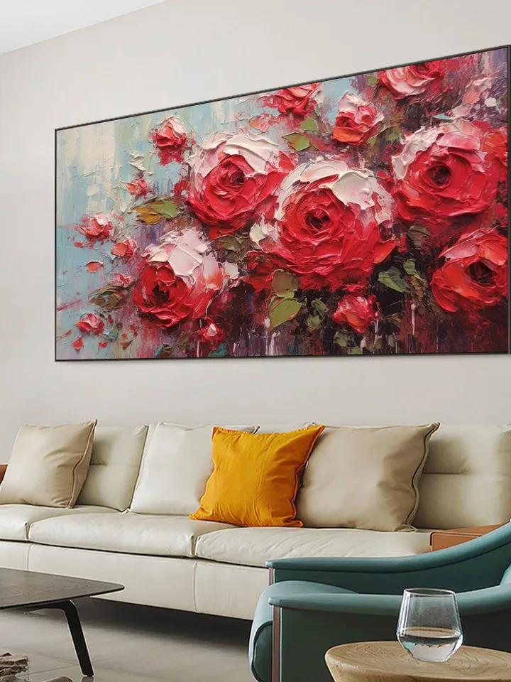 Original Roses Oil Painting On Canvas, Abstract Red Flowers Painting, Large Wall Art, Custom Painting, Living room Wall Decor, Home Decor