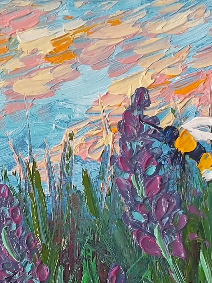 Lavender Fields Painting Bees Original Art Floral Wall Art Small Oil Painting